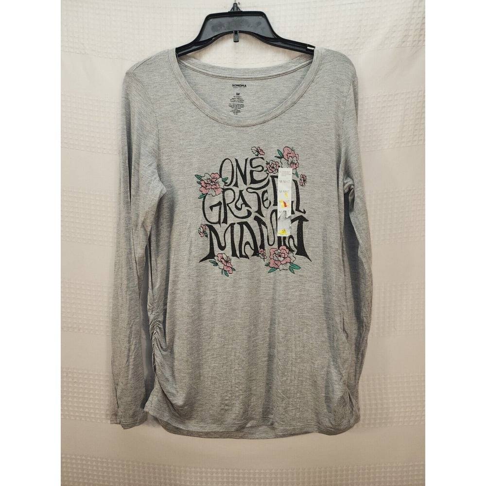 Sonoma Maternity Long Sleeve Shirt Medium Gray Grateful Mama Ruched Graphic Tee